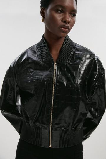 Black High Shine Croc Embossed Leather Bomber Jacket