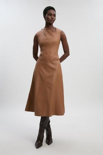 Leather Asymmetric Neck Full Skirt Midi Dress camel