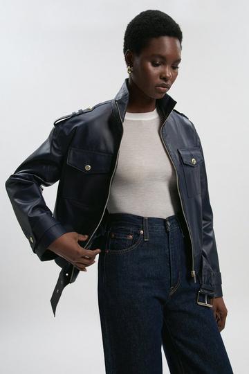 Navy Leather Collared Jacket