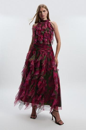 Rose Floral Tulle Halter Neck Woven Maxi Dress floral