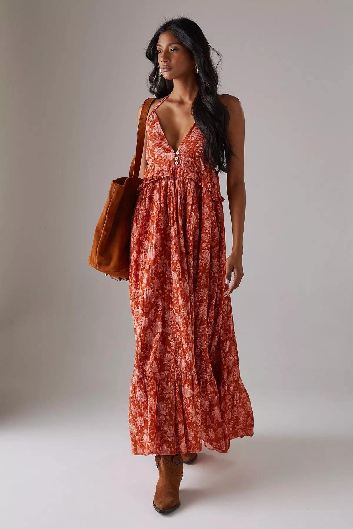 Cheesecloth High Low Button Front Strappy Midi Sundress