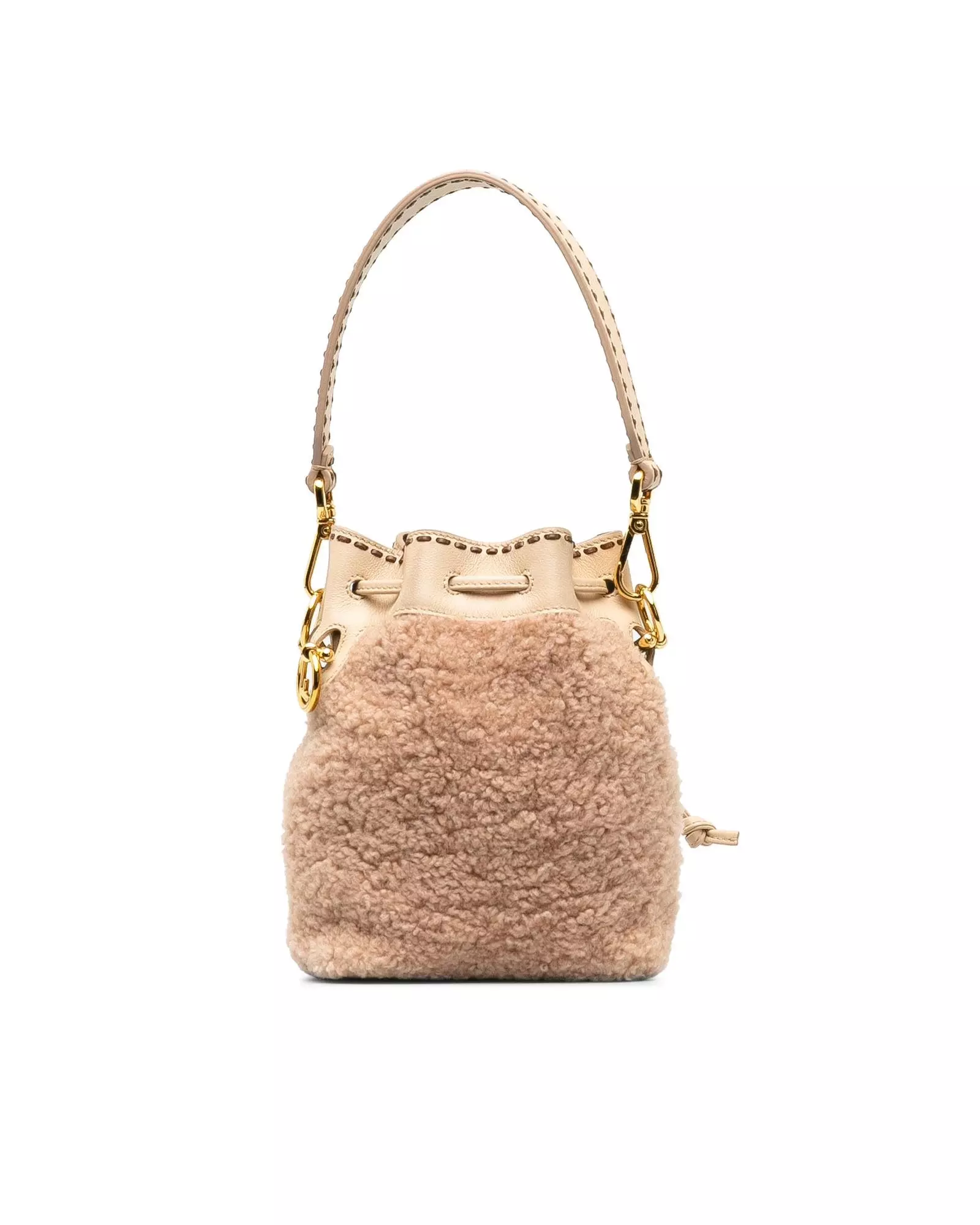 Preloved Shearling Mini Bucket Bag with Leather Handle and Drawstring Karen Millen