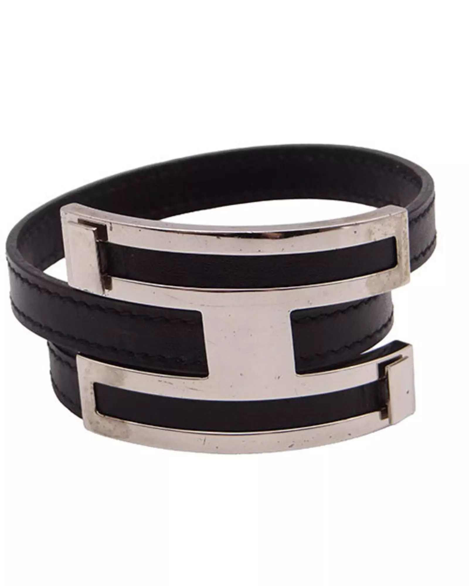 Hermes Preloved Hapi Bracelet Black Leather Palladium Unisex