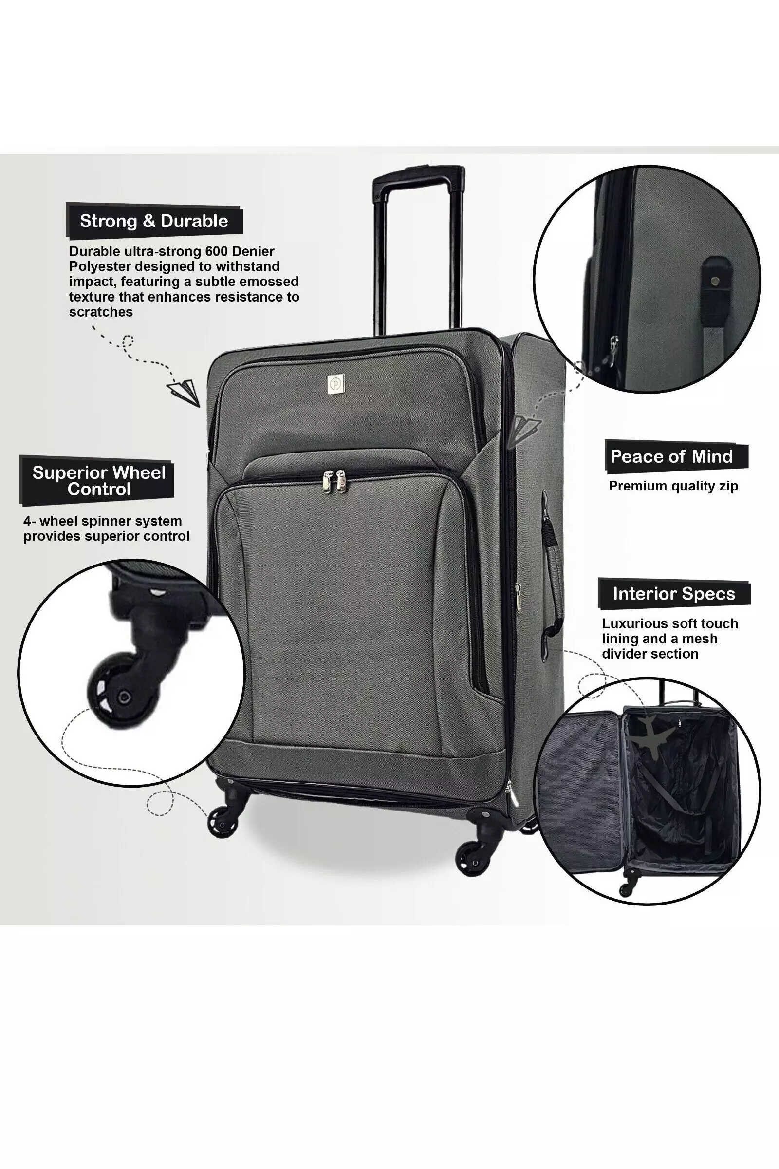 Grey Lightweight Suitcases 4 Wheel Luggage Travel Cases Soft Bags Cabin Set alternative image