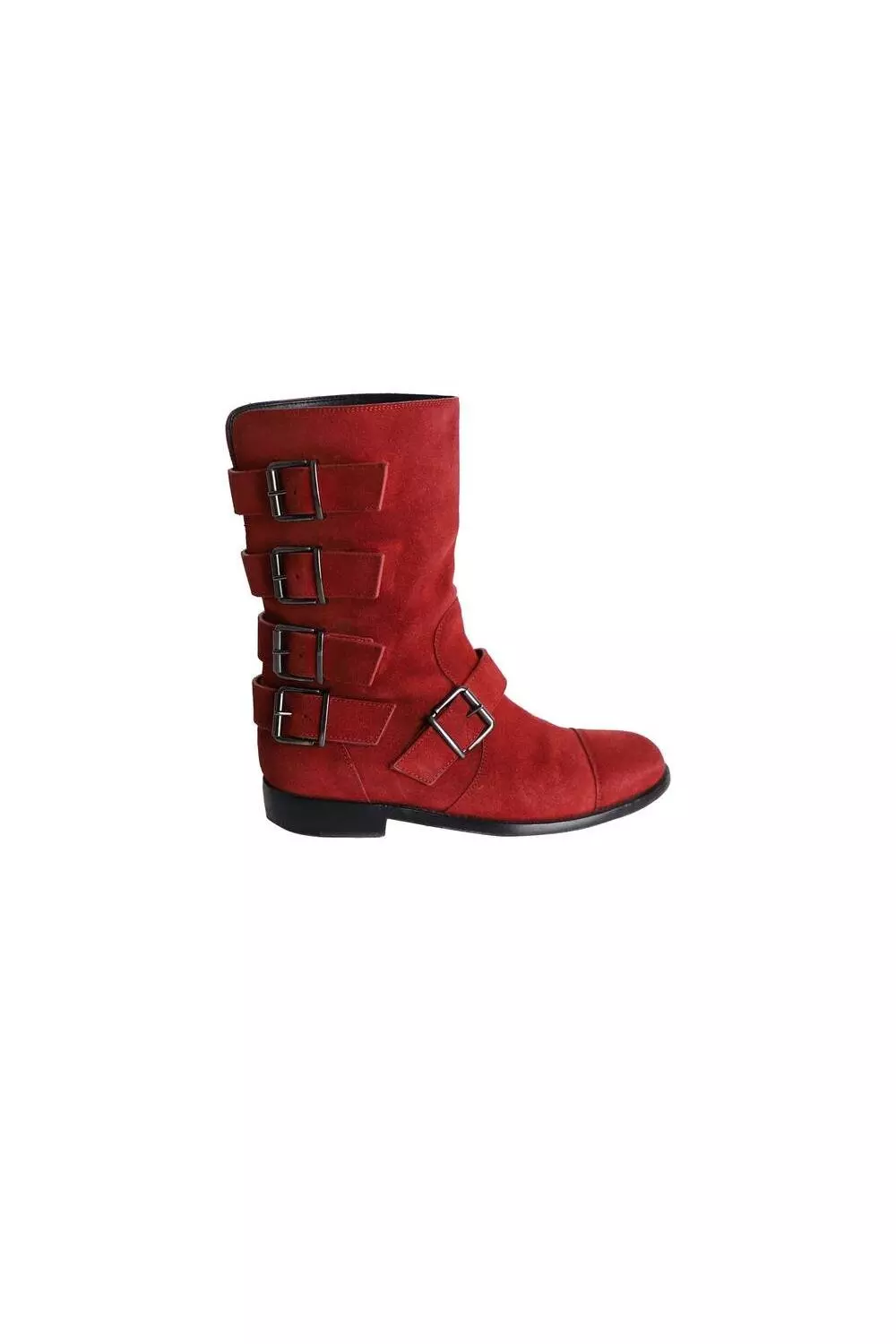 Preloved Buckled Biker Boots in Red Suede Karen Millen