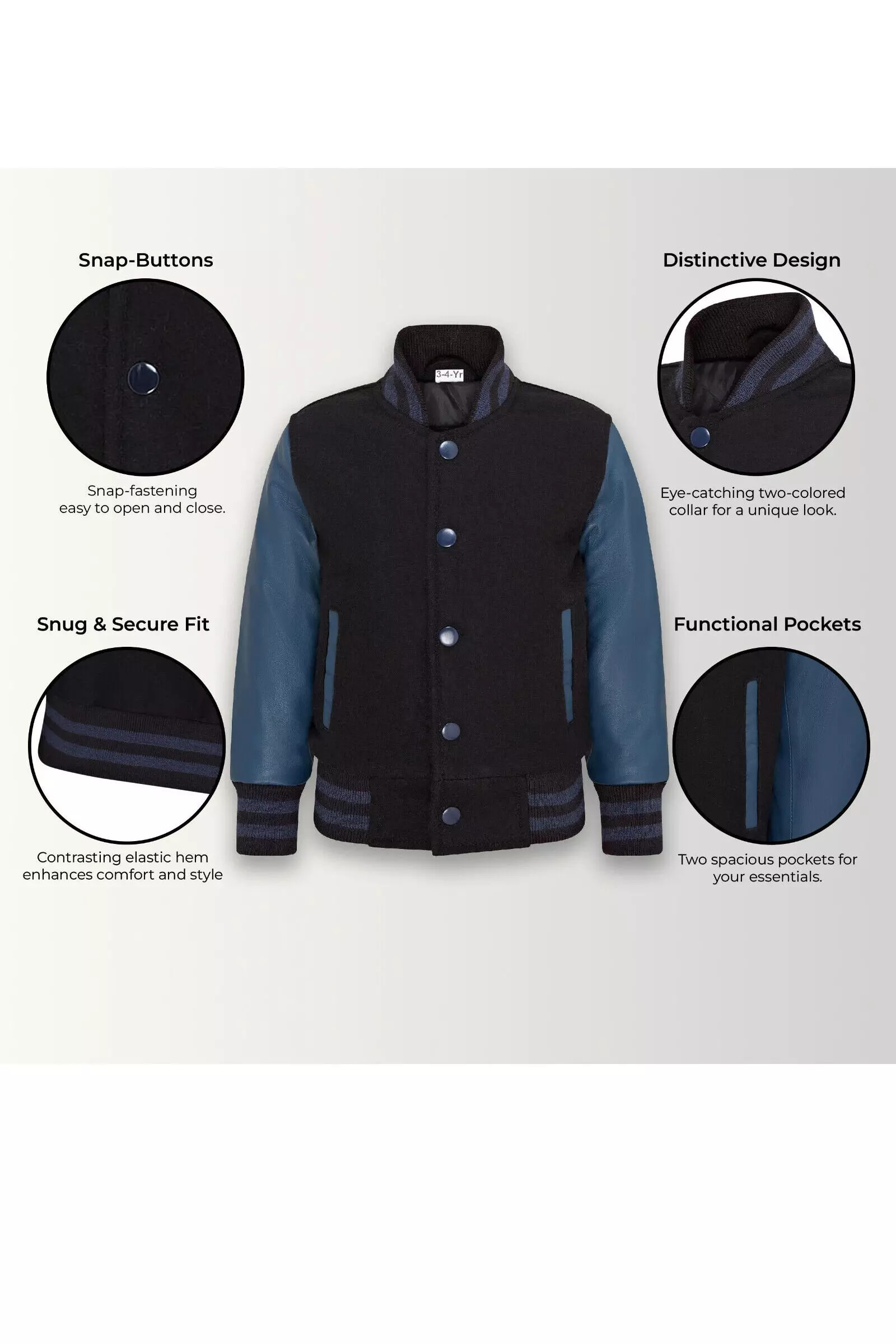 True black Wool Varsity Bomber Jacket with Real Leather Sleeves alternative image