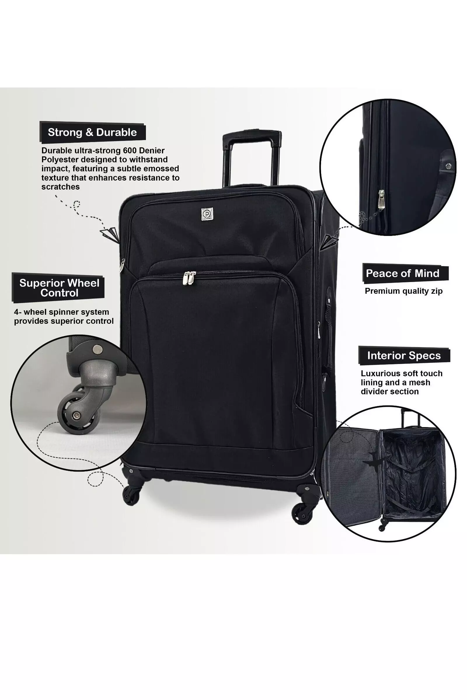 True black Black Lightweight Suitcases 4 Wheel Luggage Travel Cases Soft Bags Cabin Set alternative image