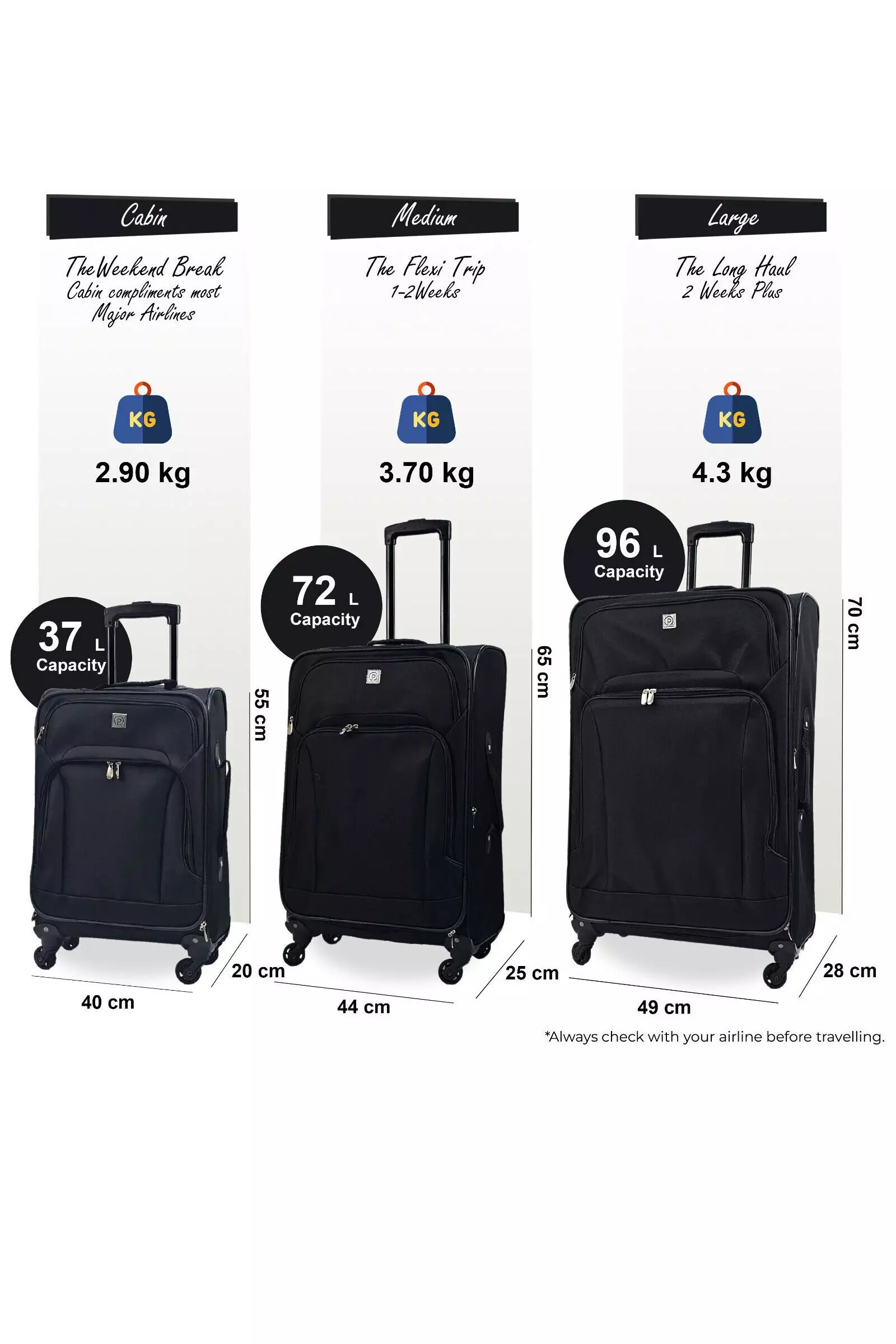 True black Black Lightweight Suitcases 4 Wheel Luggage Travel Cases Soft Bags Cabin Set alternative image