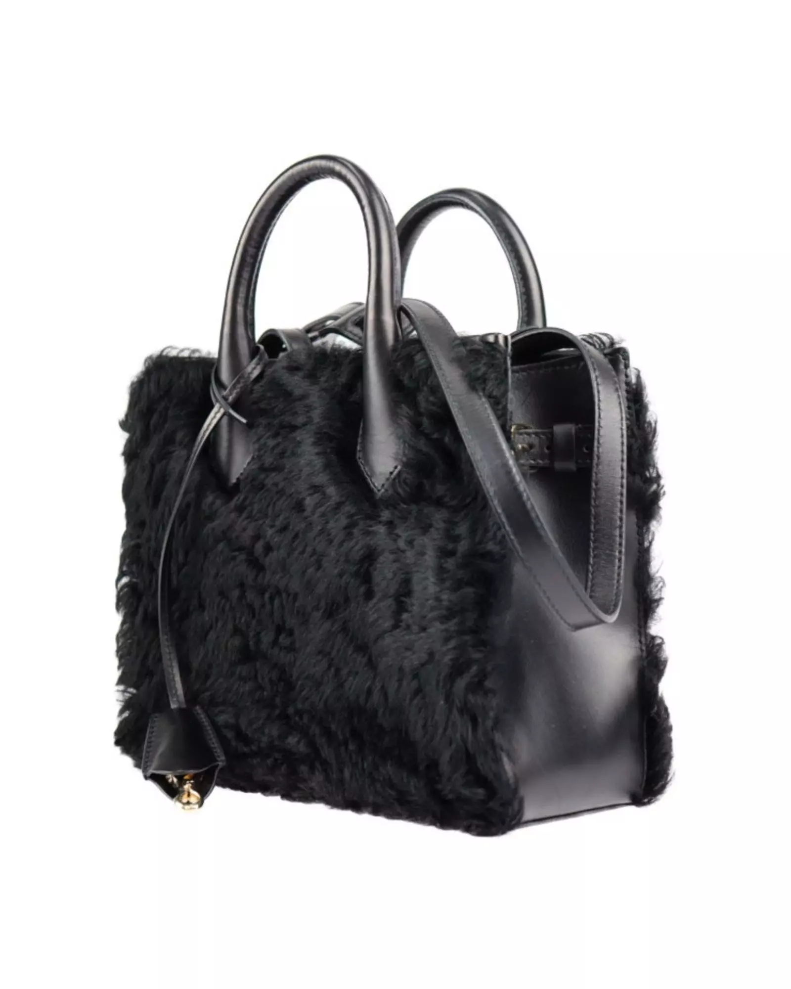 Preloved Shearling Tote Bag with Card Holder Wo - Black Handbags alternative image