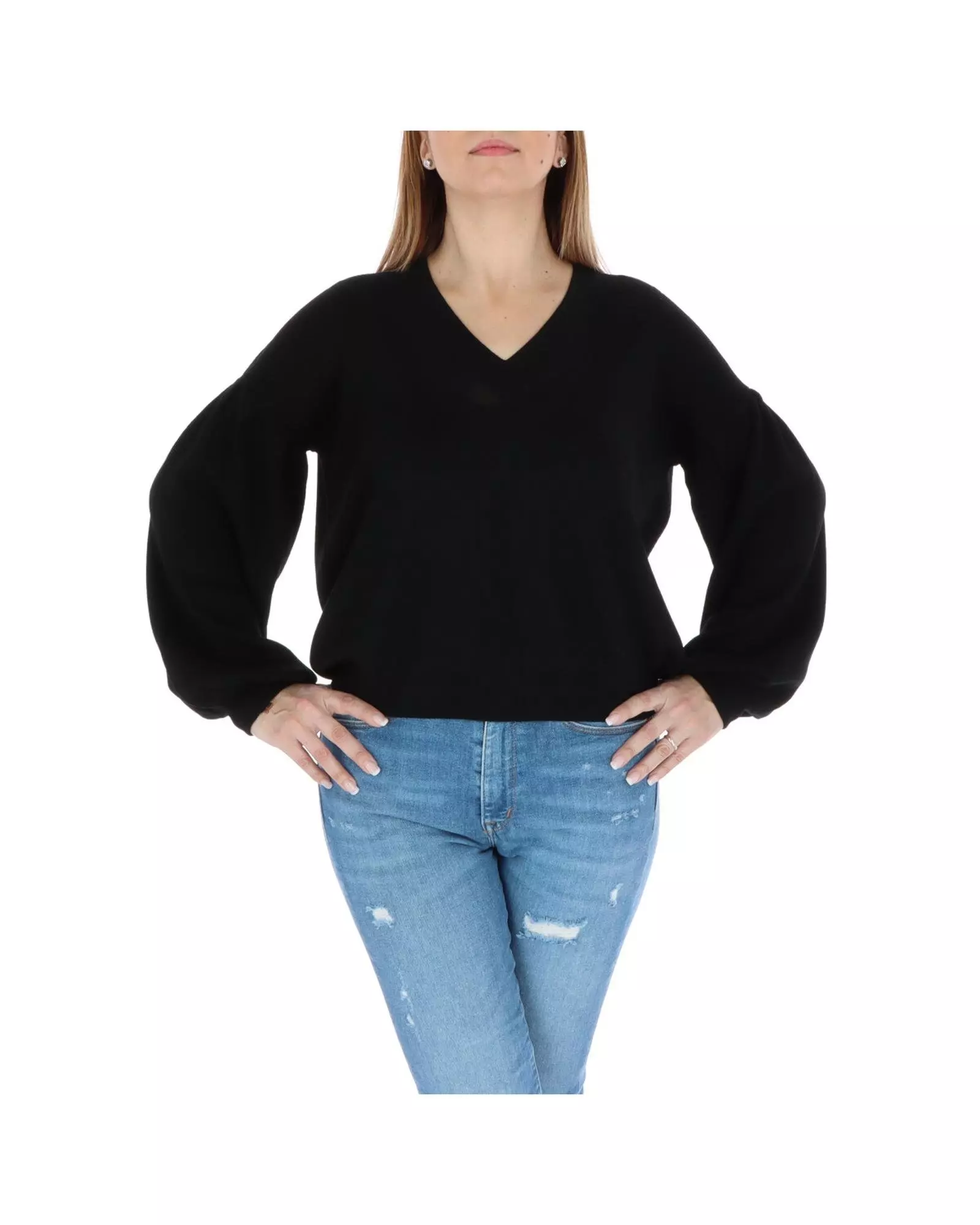 VNeck Balloon Sleeve Sweater Wo - Black Knitwear alternative image