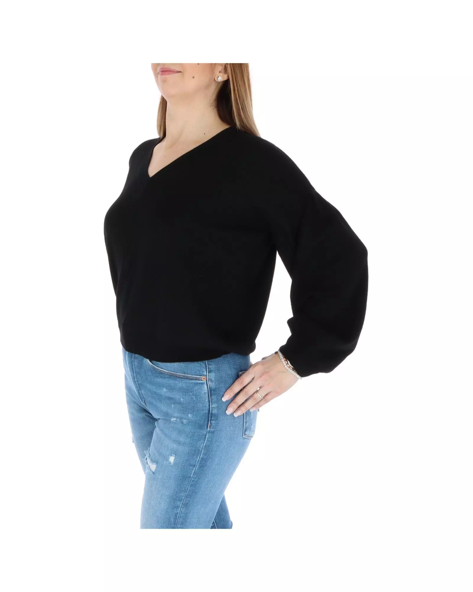 VNeck Balloon Sleeve Sweater Wo - Black Knitwear alternative image
